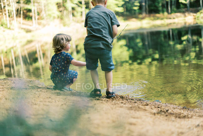 Двое братьев и сестер играют вместе у пруда — стоковое фото