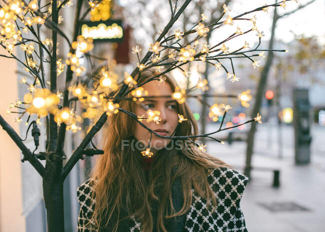 Retrato de una hermosa mujer rubia detrás de algunas ramas. - foto de stock