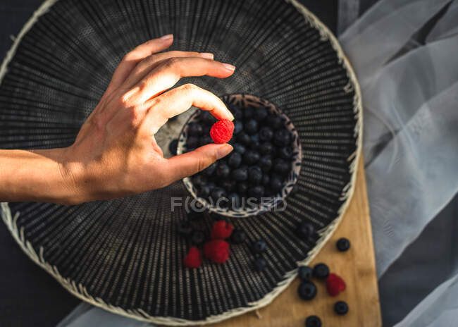 Blueberries and raspberries a beautiful background with natural light. — Stock Photo