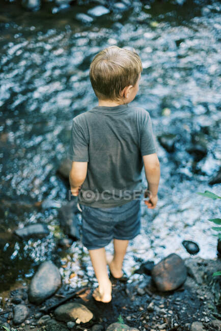 A five year old boy getting his feet wet in a creek — Stock Photo