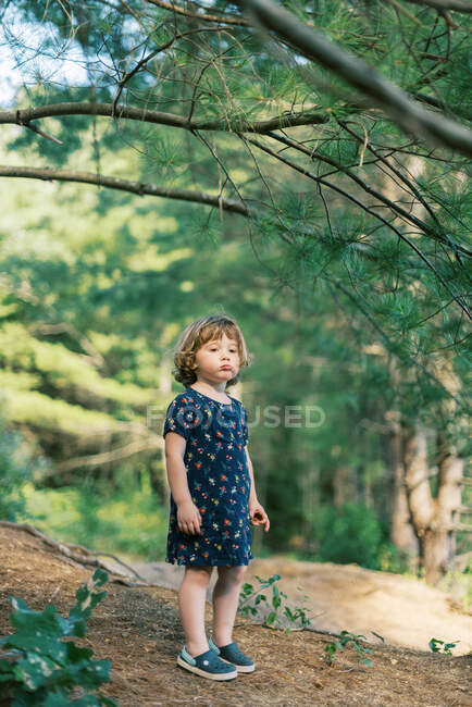 Une jeune fille de deux ans qui a l'air grincheuse pendant sa randonnée dans la nature — Photo de stock