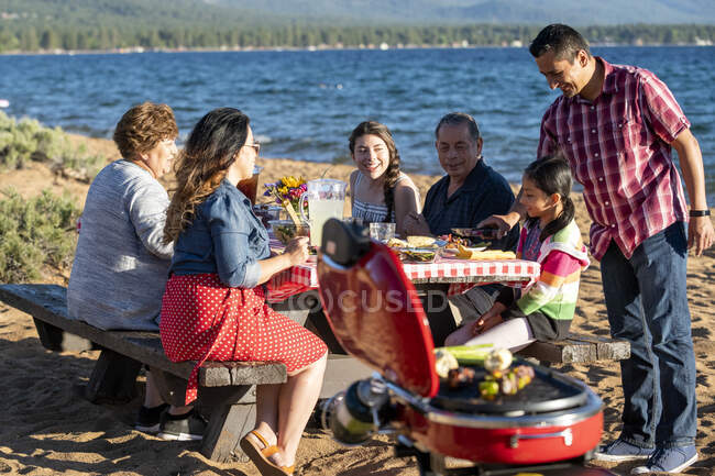 Una familia mulit-generacional disfruta de una barbacoa en una playa en Lake Tahoe, Nevada. - foto de stock