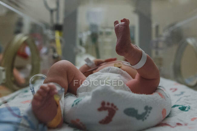 Premature baby in NICU laying in isolette — Stock Photo