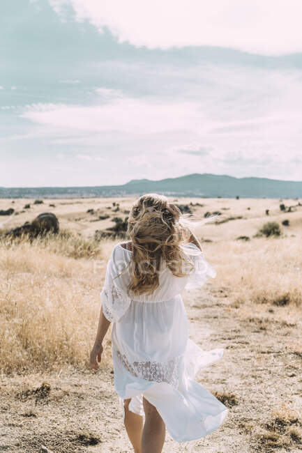 Вид сзади блондинки, идущей по сельской местности в ветреный день — стоковое фото