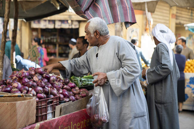 Hombre egipcio comprando cebollas en un mercado - foto de stock