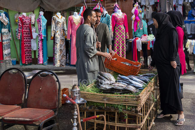 Mujer compra pescado de un vendedor ambulante - foto de stock