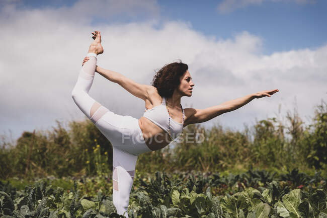 Женщина в позе танцовщицы в поле — стоковое фото