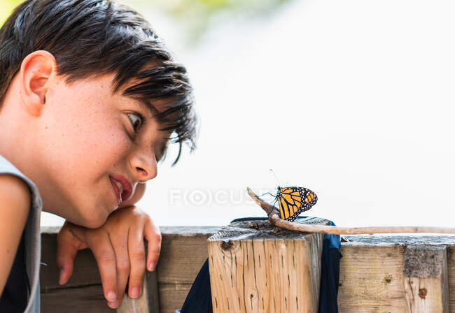 Молодий хлопець дивиться на монарха метелика, який спирається на поручні палуби . — стокове фото