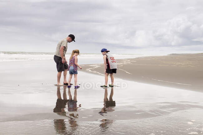Família na praia olhando para a areia — Fotografia de Stock