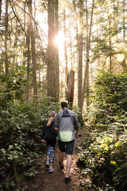 Padre e hija haciendo senderismo en sendero arbolado en el día soleado - foto de stock