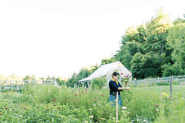 Retrato de uma mulher milenar trabalhando em sua fazenda de flores — Fotografia de Stock