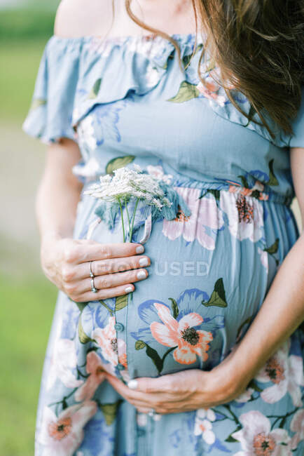 Tiro cortado de mulher grávida segurando flores pela barriga — Fotografia de Stock