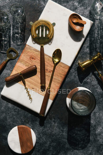 Set of different dishes on a wooden table — Stock Photo