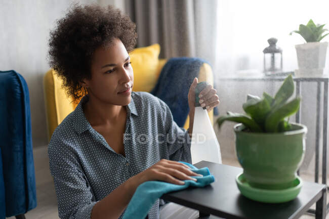 Mulher étnica pulverizando água na planta verde e mesa de limpeza com guardanapo em casa — Fotografia de Stock