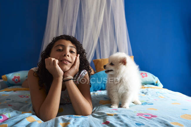 Un cachorro blanco de Pomerania mira a su dueño mientras está sentado en la cama. Concepto de mascota - foto de stock