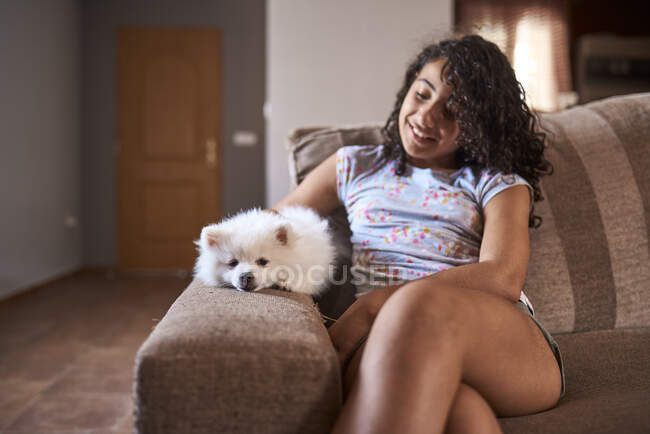Ein Welpe ruht neben seinem Besitzer auf der Armlehne des Sofas. Haustierkonzept — Stockfoto