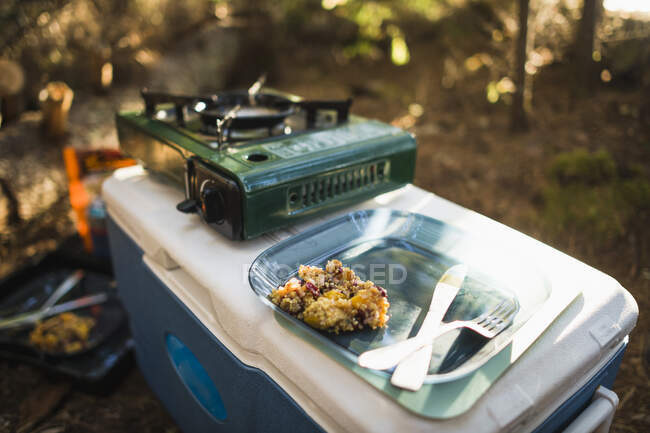 Insalata di quinoa mentre il campeggio cucina al tramonto nel Maine costiero — Foto stock