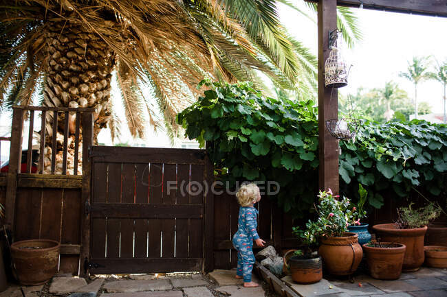 Garçon de deux ans en pyjama debout devant la cour regardant la vigne — Photo de stock