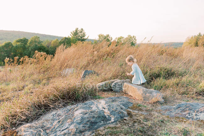 Una niña con un vestido azul explorando la madre naturaleza - foto de stock