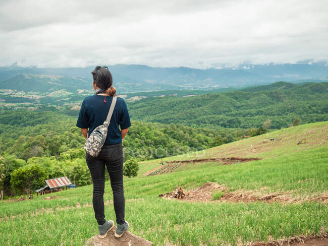 Portrait de femme asiatique par derrière avec une belle chaîne de montagnes et une vallée. Nature et concept extérieur. — Photo de stock