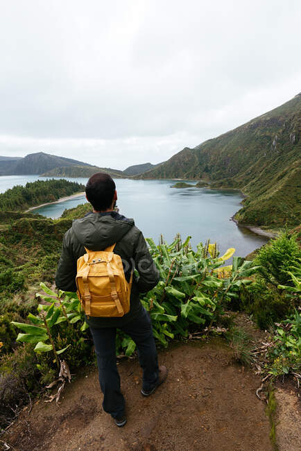 Back view of a young man enjoying in nature — Stock Photo