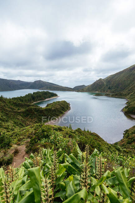Azores islands lake and mountain landscape — Stock Photo