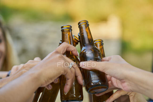 Primer plano del grupo de amigos brindando con botellas de cerveza - foto de stock