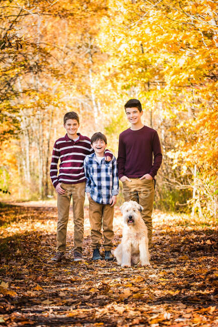 Portrait of three boys and their dog on leafy trail on autumn day. — Stock Photo