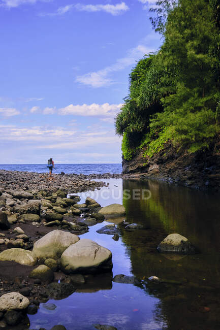 Un backpacker cammina lungo un torrente d'acqua dolce fino all'Oceano Pacifico. — Foto stock