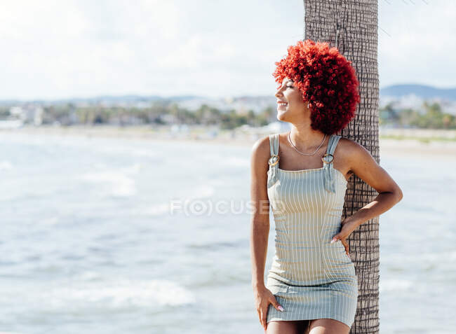 Donna latina con capelli afro rossi sostenuta da una palma vicino al mare — Foto stock