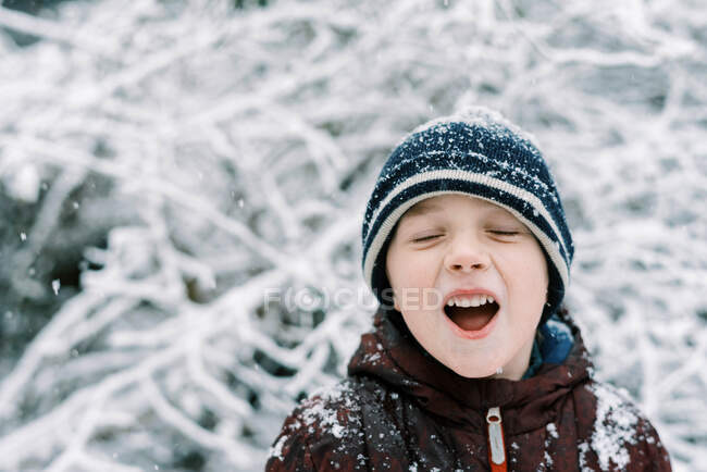 Маленький хлопчик у жовтні в Новій Англії снігопад. — стокове фото