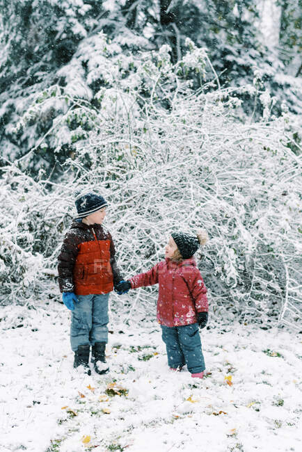 Маленькие дети, испытывающие снегопад в октябре в Новой Англии — стоковое фото