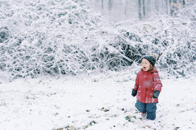 Menina experimentando uma queda de neve em outubro na Nova Inglaterra — Fotografia de Stock