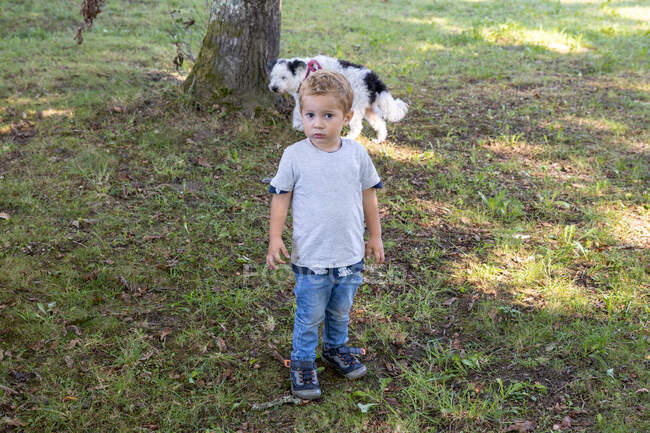 Мальчик смотрит в камеру в природном парке с собакой — стоковое фото