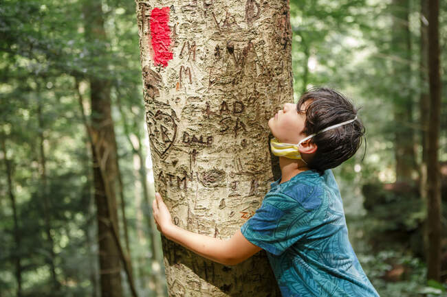 Un ragazzino abbraccia tristemente un tronco d'albero segnato da graffiti — Foto stock