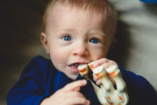 A baby boy chews on a toy. — Stock Photo