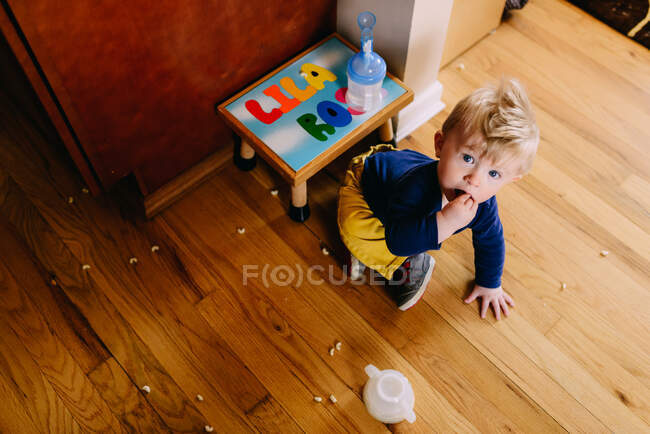 Un bambino mangia cereali dal pavimento.. — Foto stock