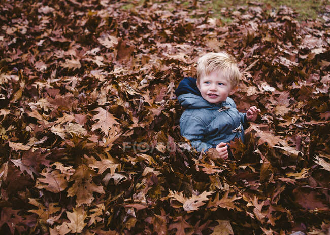 Um menino senta-se em uma pilha de folhas. — Fotografia de Stock