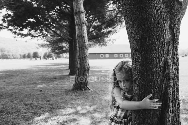 A young girl shyly hugs a tree. — Stock Photo