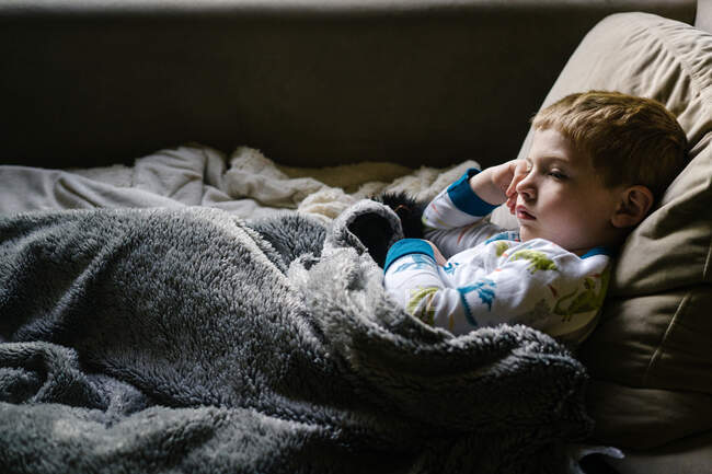 Un niño pequeño yace en un sofá con una manta peluda. - foto de stock
