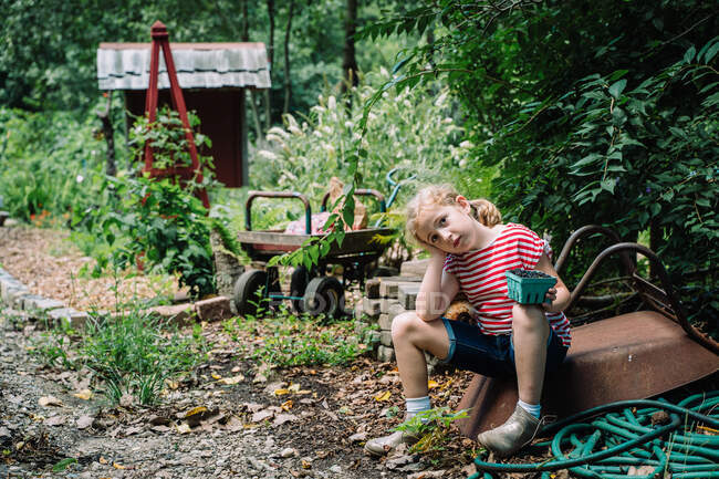 Una bambina si siede in una fattoria con mirtilli appena raccolti — Foto stock