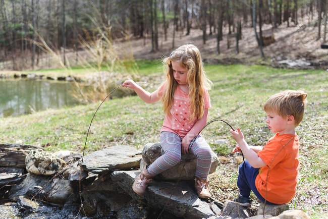 Duas crianças pescam com paus em um riacho. — Fotografia de Stock