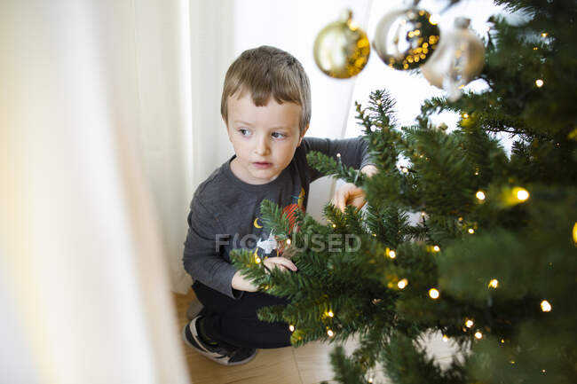 Menino olha pela janela enquanto decora a árvore de Natal iluminada — Fotografia de Stock