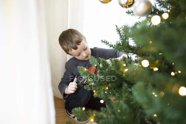 Young boy kneels to put ornament on lit Christmas tree branch — Stock Photo