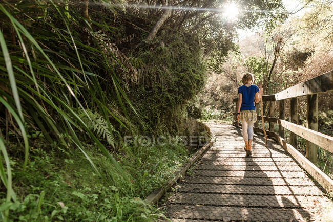 Tween menina andando no caminho da floresta de madeira na Nova Zelândia — Fotografia de Stock