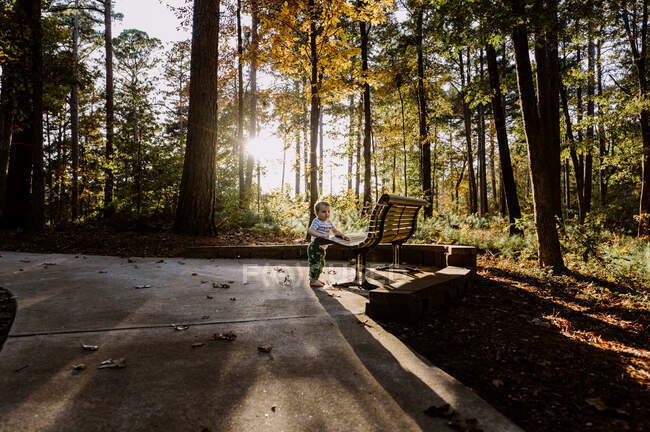 Criança bonito de pé ao lado do banco ao pôr do sol — Fotografia de Stock