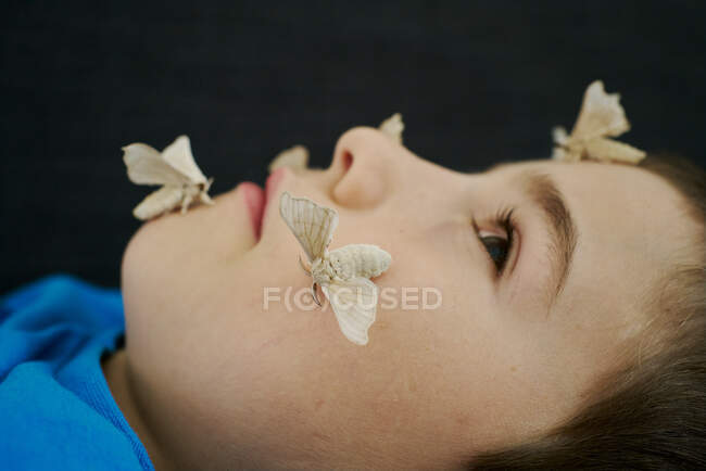 Vista laterale del ragazzo con sguardo serio in posa con farfalle baco da seta sul suo viso indossando una camicia blu. Concetto di infanzia — Foto stock