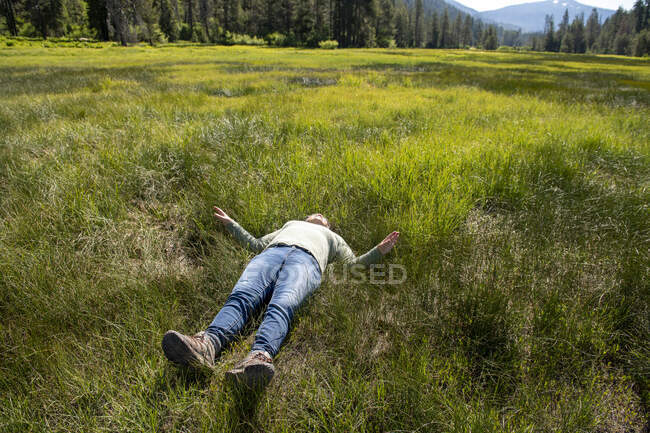 Mulher que coloca na grama verde alta de um grande vale de grama verde — Fotografia de Stock