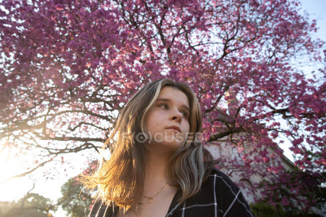Retrato de uma menina no fundo de uma árvore de flores rosa — Fotografia de Stock