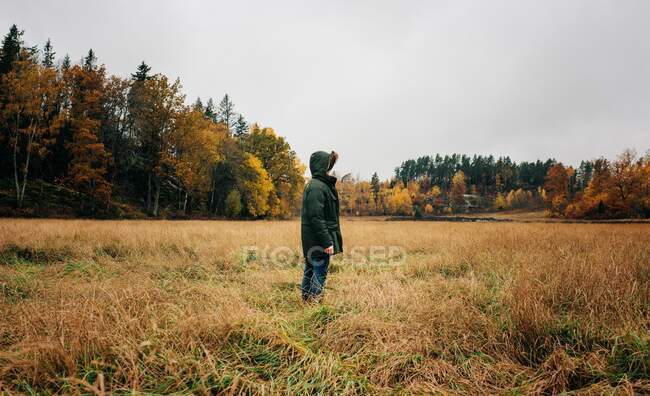 Чоловік стоїть посеред сільського поля, дивлячись і думаючи — стокове фото